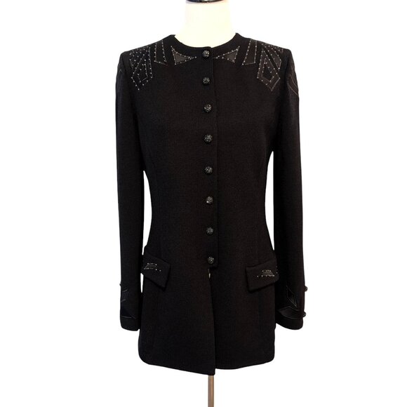 St John Evening Womens Size 10 Black Santana Knit Quilt Crystal Snaps Jacket Top